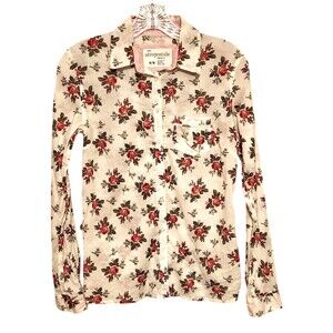 Aeropostale Button Front Shirt Lightweight Ivory w/ Red Roses Back Detail Size M